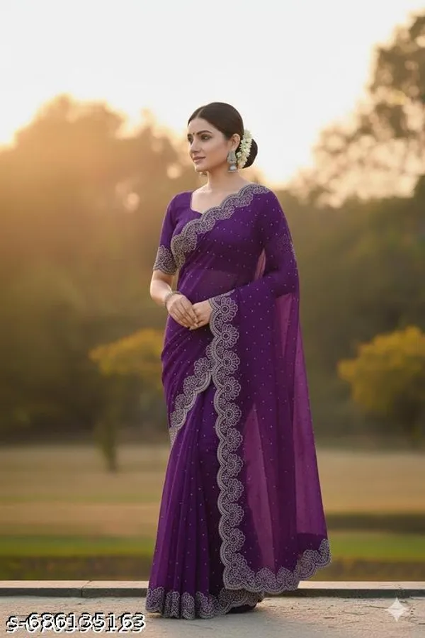 Purple_Soft_Georgette_Saree_With_Silver_Stone_Border_Party_Wear_Saree_For_Women