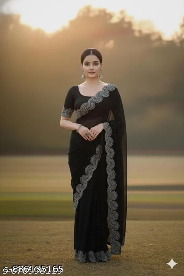 Black_Soft_Georgette_Saree_With_Silver_Stone_Border_Party_Wear_Saree_For_Women