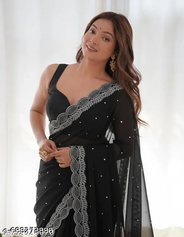 Cutwork_Georgette_Diamond_Hotfix_Fancy_Tredinationl_New_Design_Saree