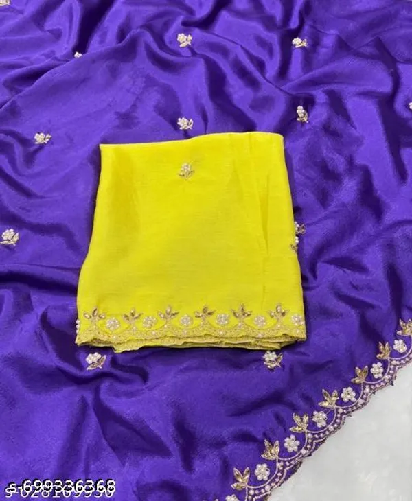 Most_Trendy_Motii_Work_Sarees_With_Trendy_Contrast_Blouse_And_Embroedry_Work_Saree