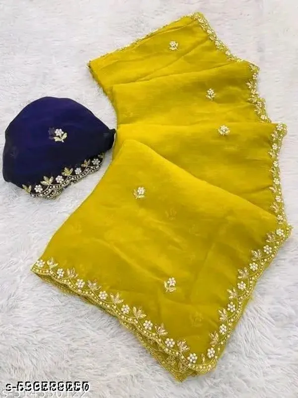 Crunchy_Fabrics_Lemon_Yellow_Saree_With_Embroidery_Work_With_Full_Hand_Work_Cruncy_Purple_Blouse_By_Kraddle