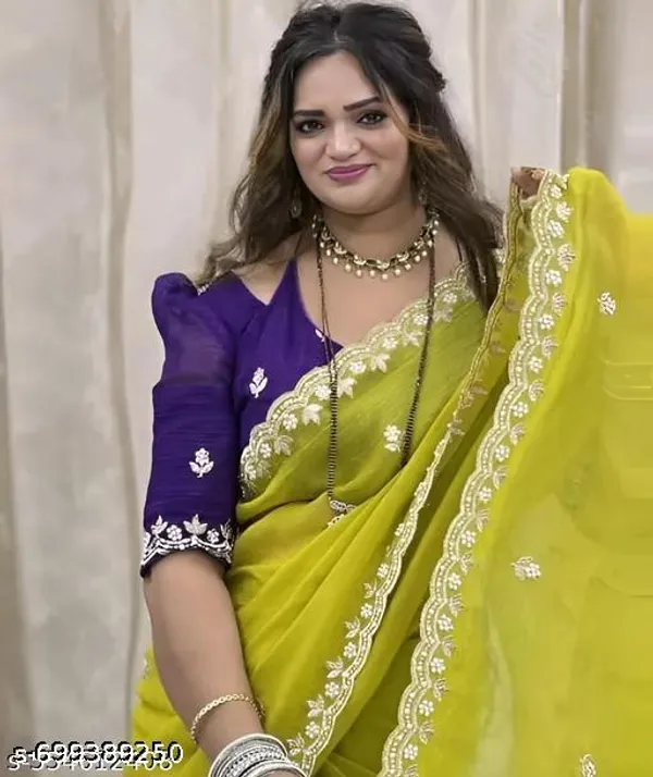 Crunchy_Fabrics_Lemon_Yellow_Saree_With_Embroidery_Work_With_Full_Hand_Work_Cruncy_Purple_Blouse_By_Kraddle