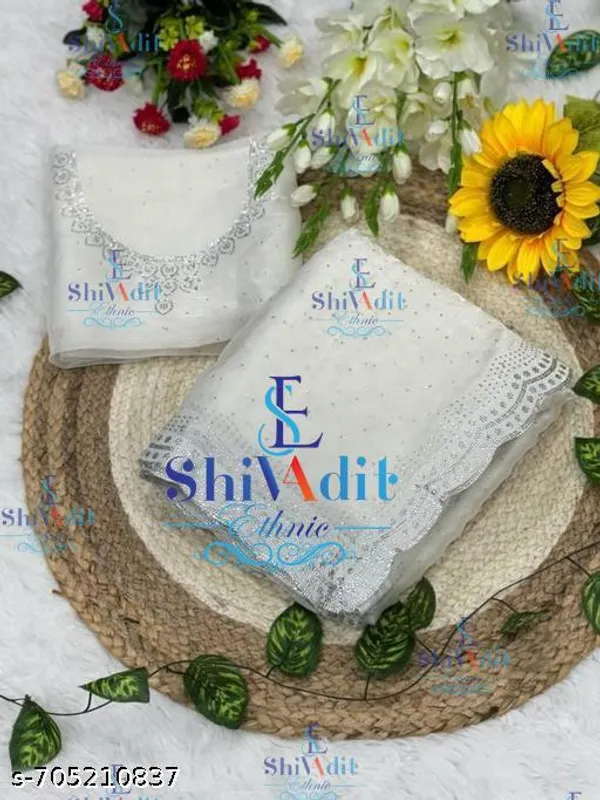 New_Party_Wear_Fancy_White_Chinno_Silk_Trending_White_Fancy_Chinnon_Diamond_Work_Siroski_Saree_With_Blouse