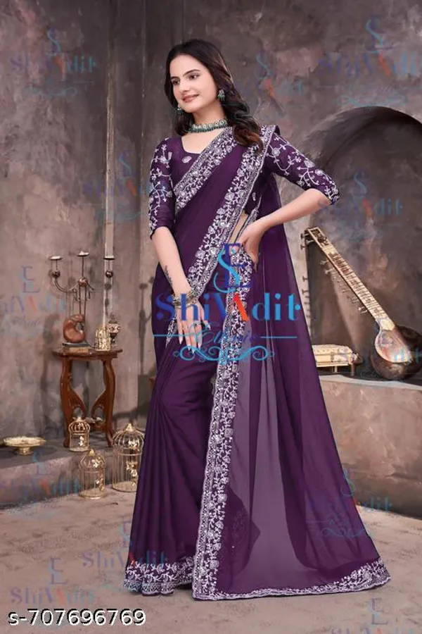 Georgette_Embroidered_Elegant_Purple_Color_Sreee_With_Blouse