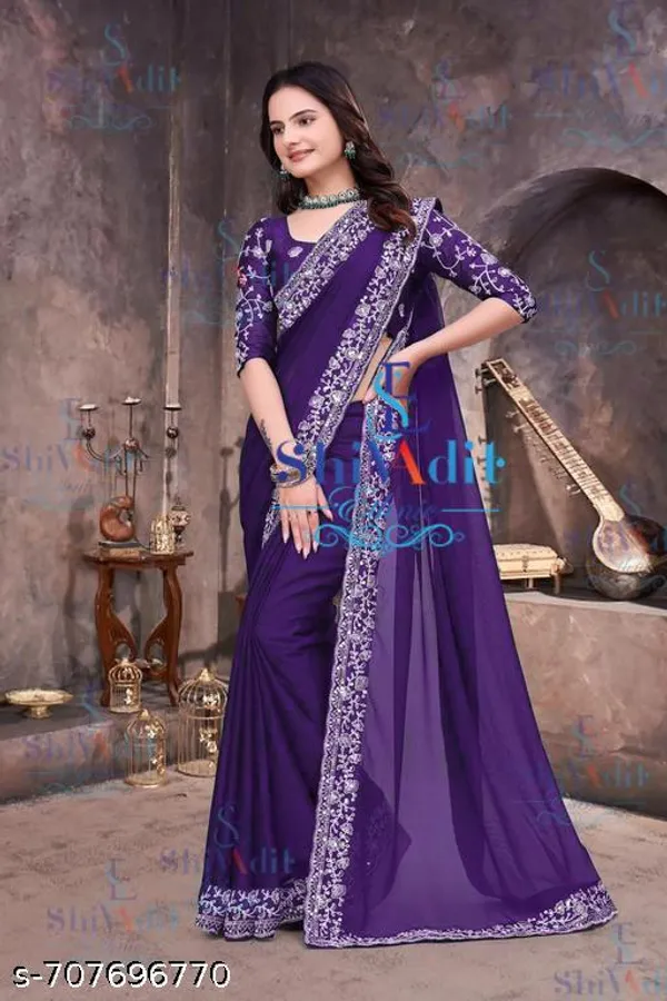 Georgette_Embroidered_Elegant_Purple_Color_Sreee_With_Blouse