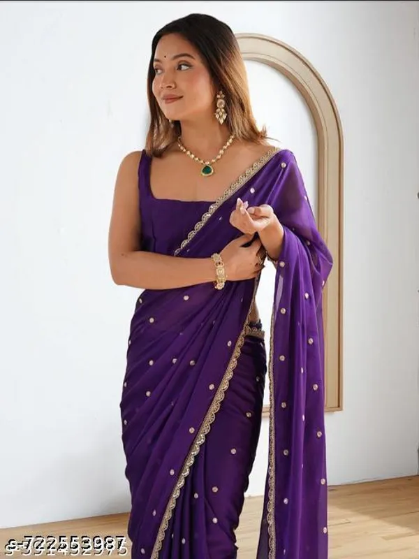 New_Trending_Georgette_Silk_Saree_With_Zari_Work_Border_Lace_And_Fancy_Blouse_For_Women