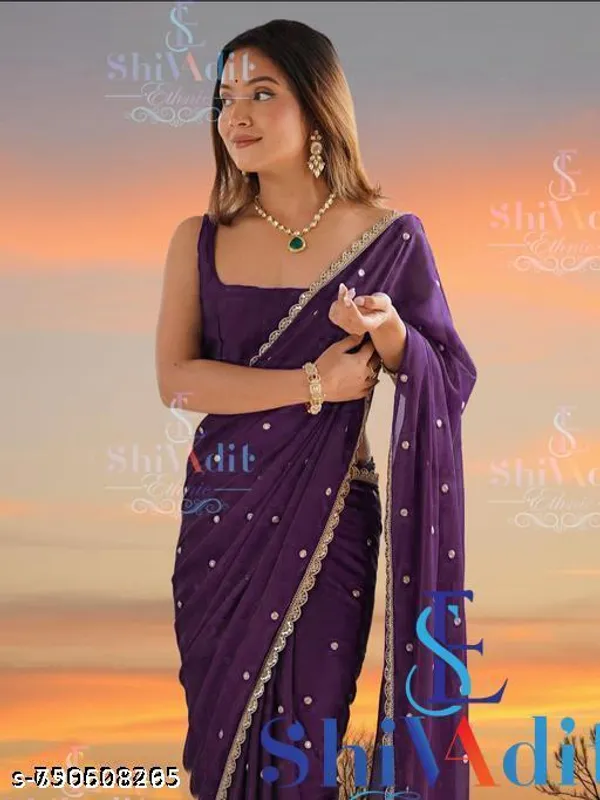 New_Trending_Georgette_Silk_Saree_With_Zari_Work_Border_Lace_And_Fancy_Blouse_For_Women