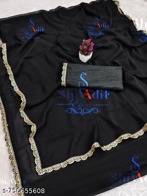 Trending_Black_Georgette_Saree_With_Cut_Work_Embroideried_Lace