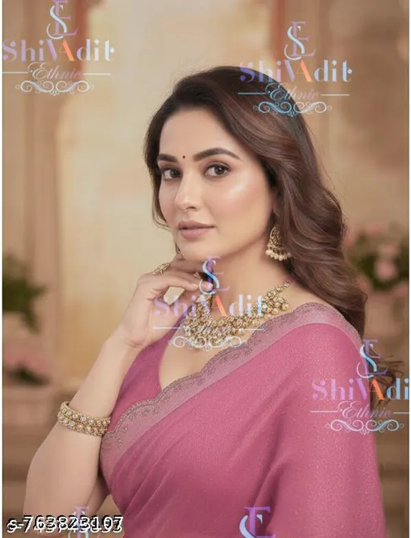 Jimmy_Choo_Designer_Fancy_Pure_Twill_Net_Fabric_Brown_Colour_Party_Wear_Festive_Wear_Saree_With_Embelished_Swaroski_Work_Border_With_Unstitched_Blouse_Piece