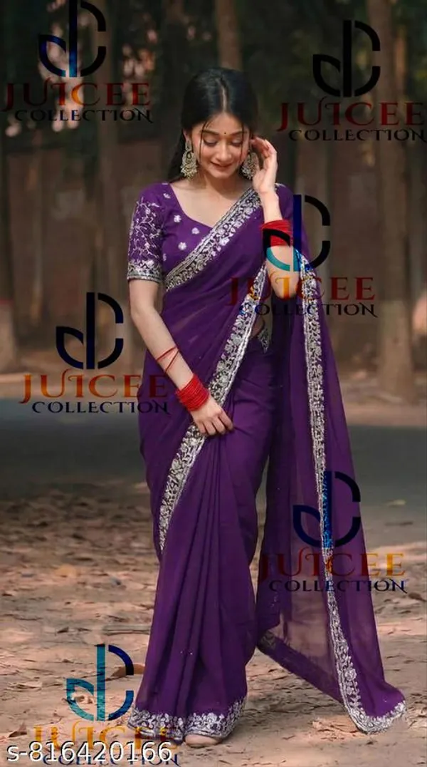 Trendy_Fahionable_Lace_Purple_Saree_For_Women_Pullovers_Plain_Star_Georgette_Sarees_For_Women