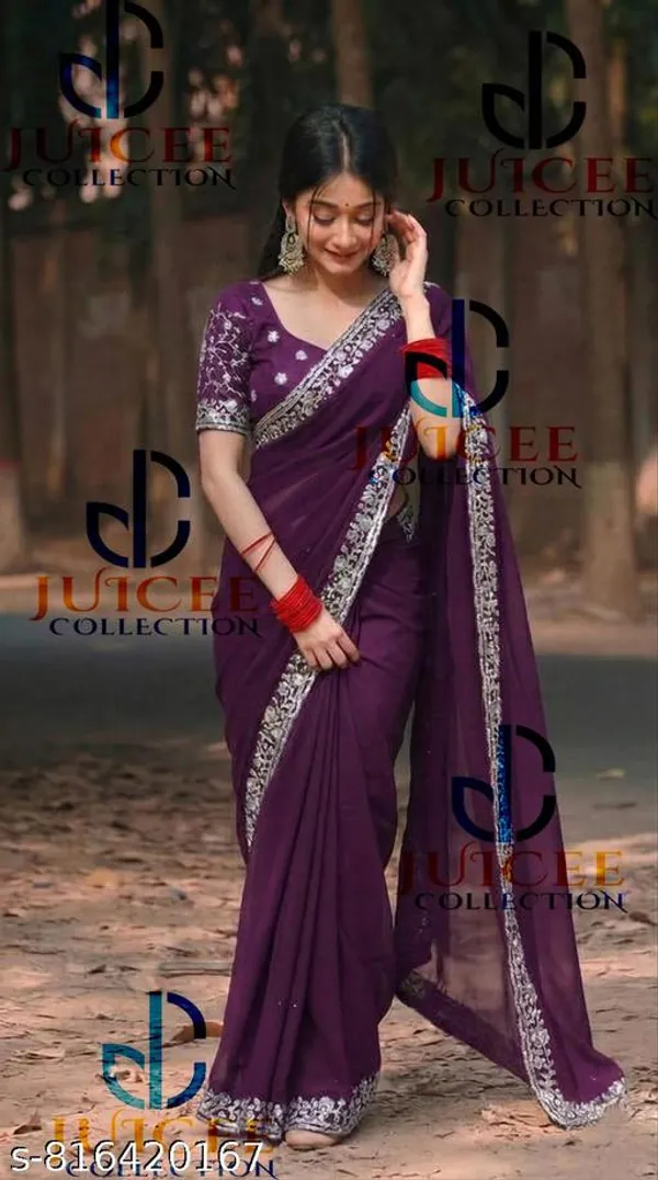 Trendy_Fahionable_Lace_Purple_Saree_For_Women_Pullovers_Plain_Star_Georgette_Sarees_For_Women