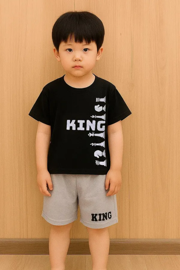 Trendy_Kids_Clothing_Set_Comfortable_Black_T_Shirt_Grey_Shorts_For_Boys