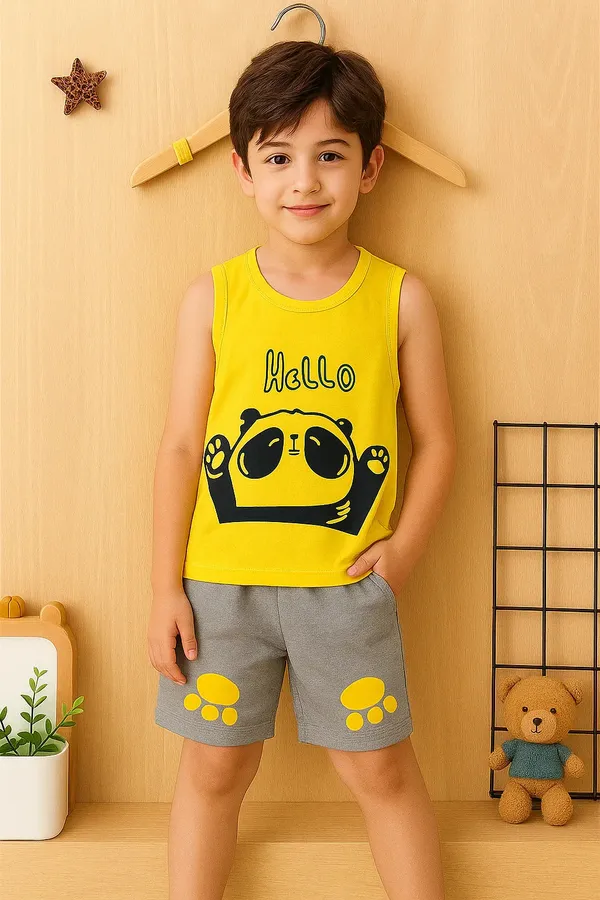 Cute_Panda_Print_Kids_Summer_Clothing_Set_Yellow_Sleeveless_T_Shirt_Grey_Shorts_And_Trendy_Kids_Clothing_Set_Attitude_Bear_Printed_Cotton_Tracksuit_For_Boys_(Combo_Of_2)