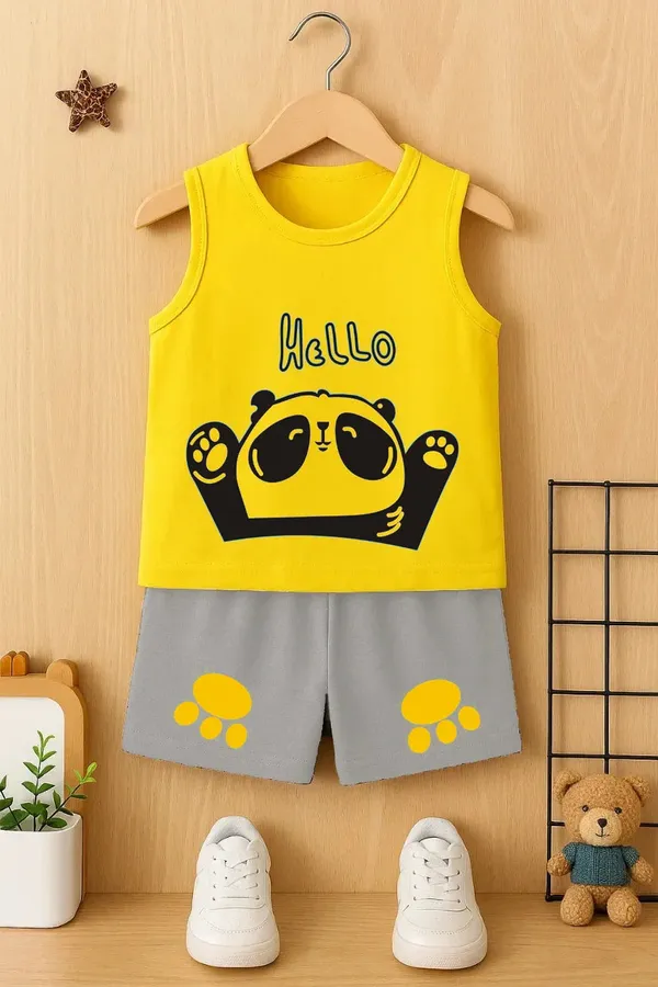 Cute_Panda_Print_Kids_Summer_Clothing_Set_Yellow_Sleeveless_T_Shirt_Grey_Shorts_And_Trendy_Kids_Clothing_Set_Attitude_Bear_Printed_Cotton_Tracksuit_For_Boys_(Combo_Of_2)