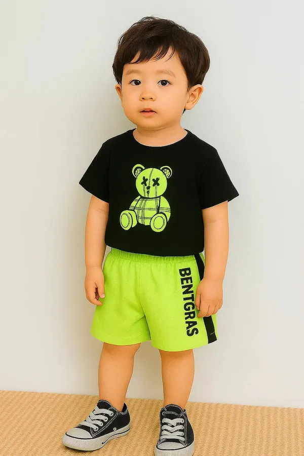 Trendy_Kids_Clothing_Set_Black_Teddy_Bear_T_Shirt_Neon_Green_Shorts