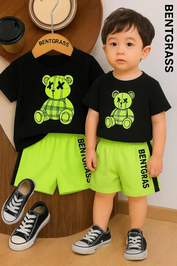 Trendy_Kids_Clothing_Set_Black_Teddy_Bear_T_Shirt_Neon_Green_Shorts