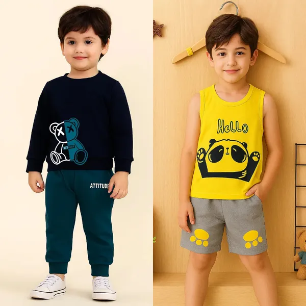 Cute_Panda_Print_Kids_Summer_Clothing_Set_Yellow_Sleeveless_T_Shirt_Grey_Shorts_And_Trendy_Kids_Clothing_Set_Attitude_Bear_Printed_Cotton_Tracksuit_For_Boys_(Combo_Of_2)
