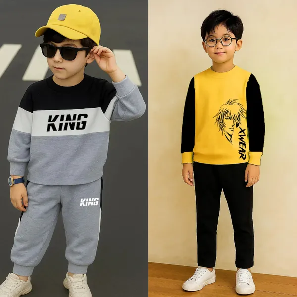 Trendy_Kids_Clothing_Set_For_Boys_Yellow_Xwear_Printed_Sweatshirt_With_Black_Pants_And_Trendy_Kids_Clothing_Set_Stylish_King_Printed_Cotton_Tracksuit_For_Boys_(Combo_Of_2)