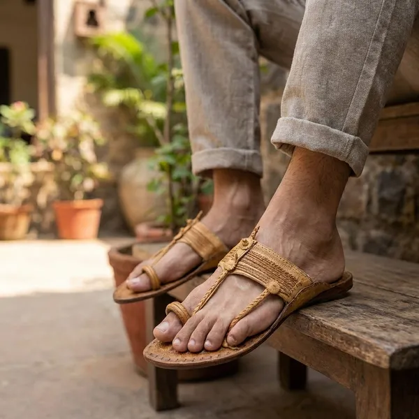 Handcrafted_Beige_Leather_Kolhapuri_Sandals_And_Jute_Strap_Sandals_With_Black_Sole_Pack_Of_2