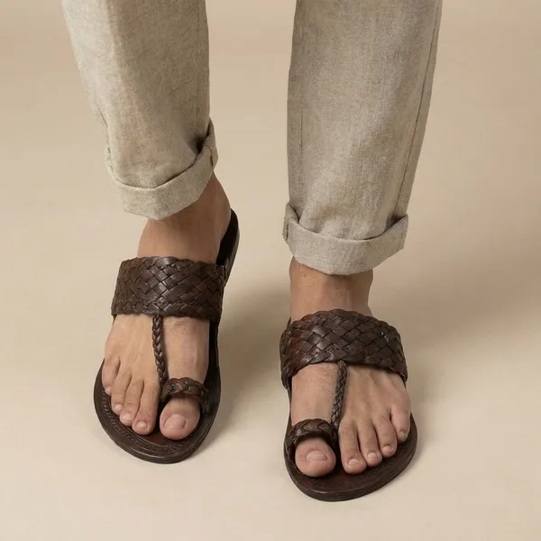 Handcrafted_Brown_Leather_Braided_Kolhapuri_Chappal_For_Men