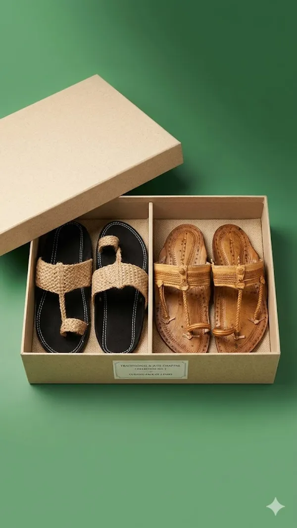 Handcrafted_Beige_Leather_Kolhapuri_Sandals_And_Jute_Strap_Sandals_With_Black_Sole_Pack_Of_2