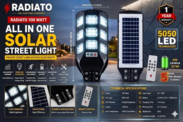 Radiato_ES_100W_Solar_Street_Light_|_5050_LED_Technology_|_High_Brightness_|_IP65_Waterproof_|_Remote_Control_|_1_Year_Warranty