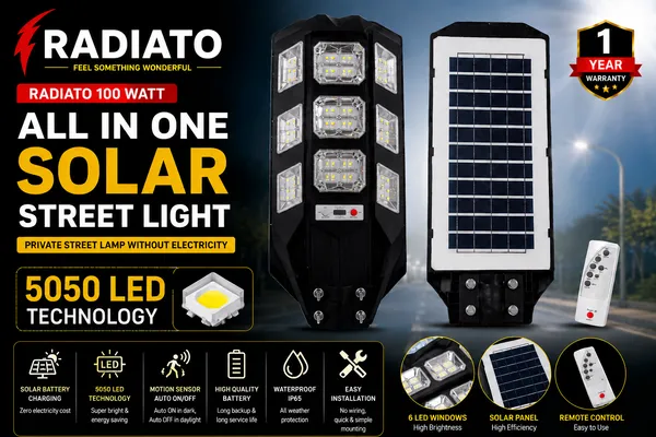 Radiato_ES_100W_Solar_Street_Light_|_5050_LED_Technology_|_High_Brightness_|_IP65_Waterproof_|_Remote_Control_|_1_Year_Warranty