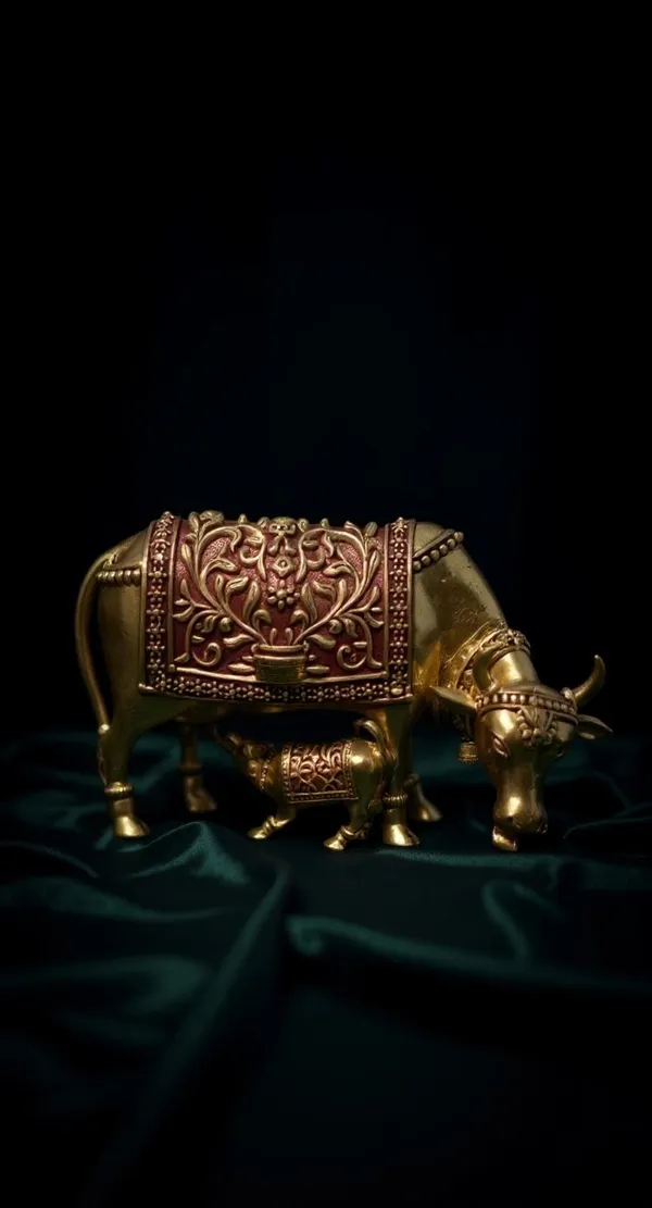 Decorative_Golden_Brass_Cow_And_Calf_Figurine_Set_With_Intricate_Detailing