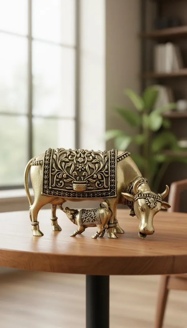 Decorative_Golden_Brass_Cow_And_Calf_Figurine_Set_With_Intricate_Detailing