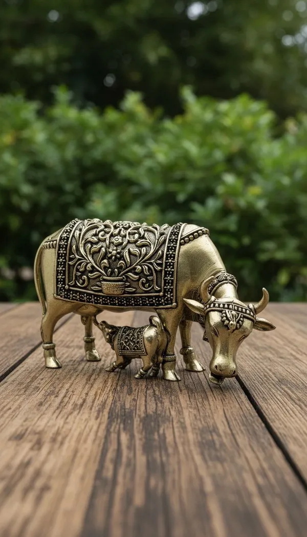 Decorative_Golden_Brass_Cow_And_Calf_Figurine_Set_With_Intricate_Detailing