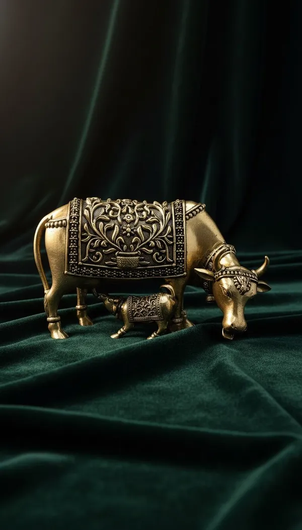 Decorative_Golden_Brass_Cow_And_Calf_Figurine_Set_With_Intricate_Detailing