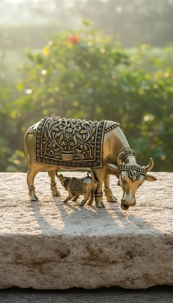 Decorative_Golden_Brass_Cow_And_Calf_Figurine_Set_With_Intricate_Detailing