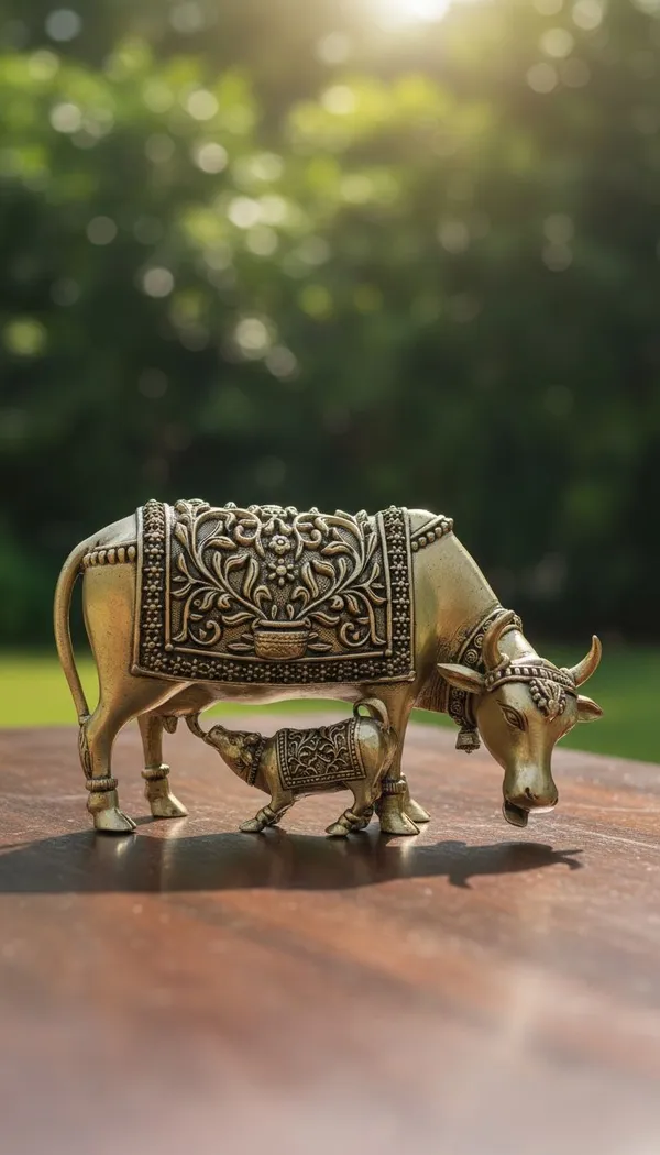Decorative_Golden_Brass_Cow_And_Calf_Figurine_Set_With_Intricate_Detailing