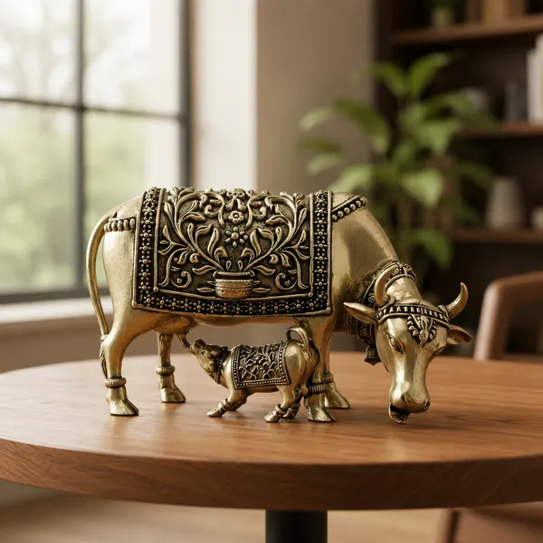 Decorative_Golden_Brass_Cow_And_Calf_Figurine_Set_With_Intricate_Detailing