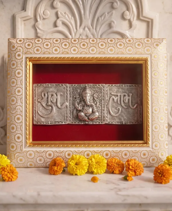 Lord_Ganesha_Shubh_Labh_Brass_Idol_Frame_with_Velvet_Background_|_8x6_Inch_|_Religious_Gift_|_Home_Mandir_Decor