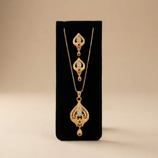 Gold_Plated_Filigree_Pendant_Necklace_Set_With_Pink_Stone_Accents_And_Matching_Earrings