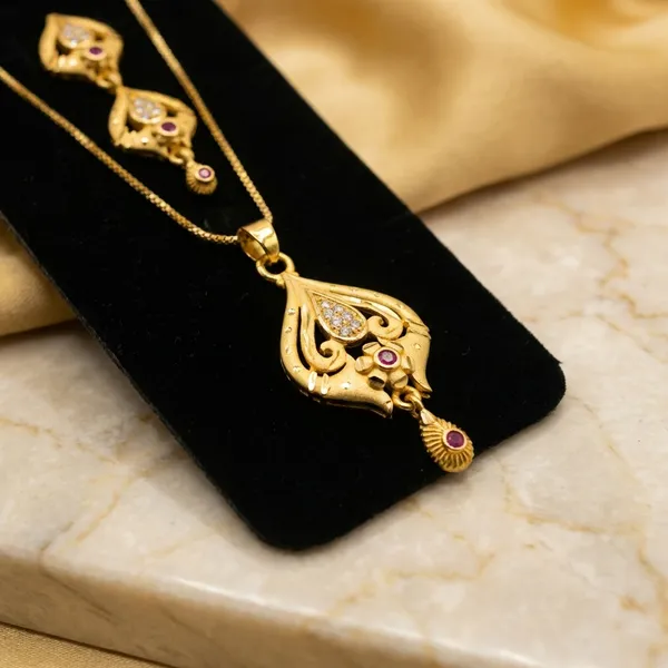 Gold_Plated_Filigree_Pendant_Necklace_Set_With_Pink_Stone_Accents_And_Matching_Earrings