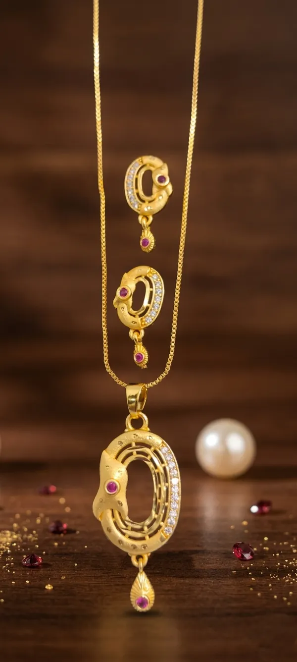 Traditional_Gold_Toned_Pendant_And_Earrings_Set_With_Ruby_Accents