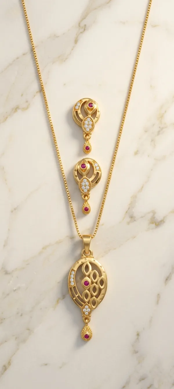 Gold_Plated_Pendant_Necklace_And_Earrings_Set_With_Pink_Stones