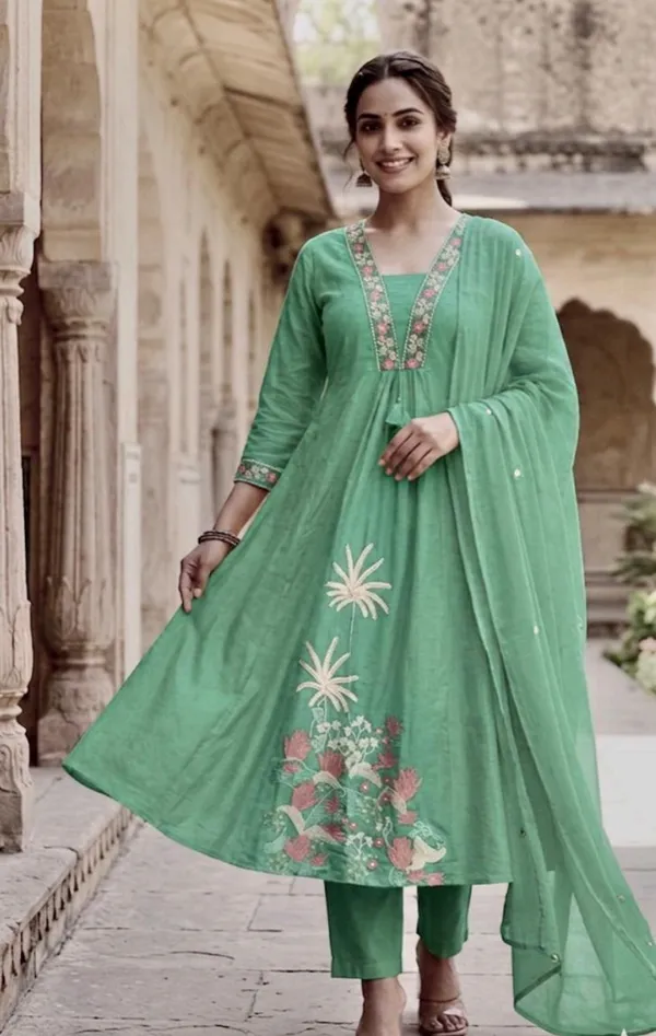 A_Line_Kurta_Palazzo_Suit_Mint_Green_Embroidered_With_Dupatta