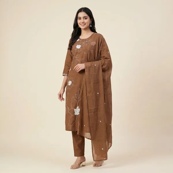 Kurta_Palazzo_Set_Brown_Floral_Embroidered_With_Dupatta