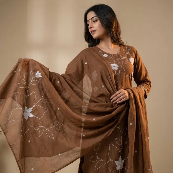 Kurta_Palazzo_Set_Brown_Floral_Embroidered_With_Dupatta