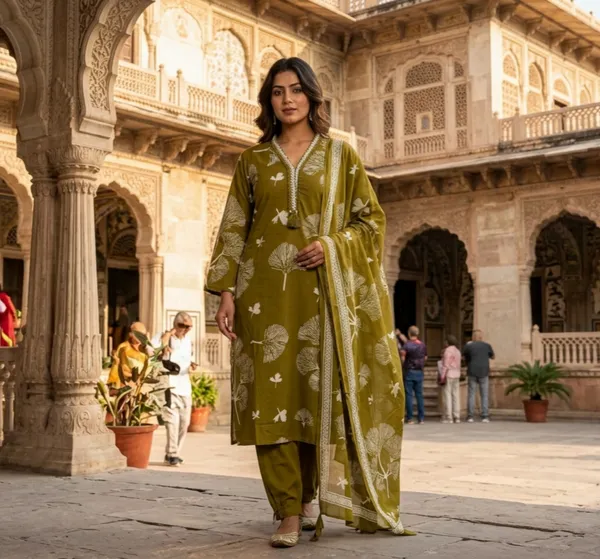 Kurta_Palazzo_Set_Olive_Green_Floral_Embroidered_With_Dupatta