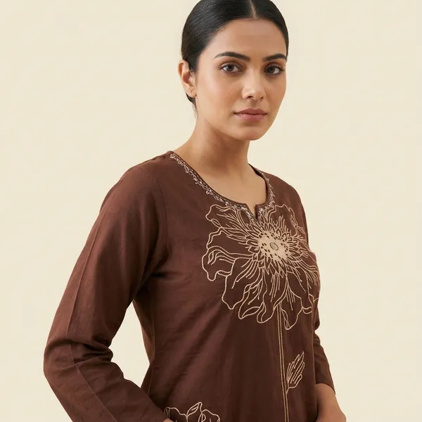 Kurta_Palazzo_Set_Brown_Embroidered_Floral