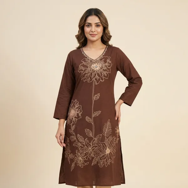 Kurta_Palazzo_Set_Brown_Embroidered_Floral