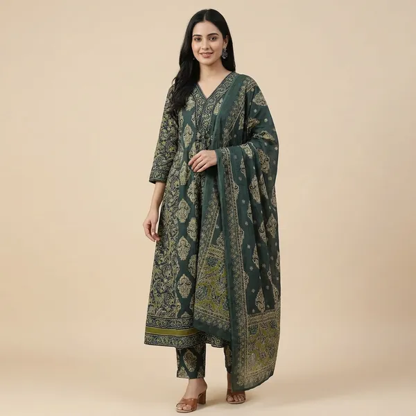 Anarkali_Kurta_Set_Green_Printed_With_Dupatta