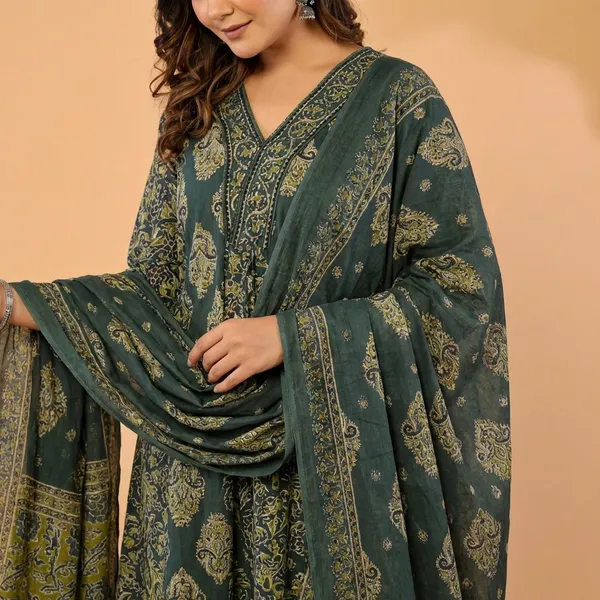 Anarkali_Kurta_Set_Green_Printed_With_Dupatta