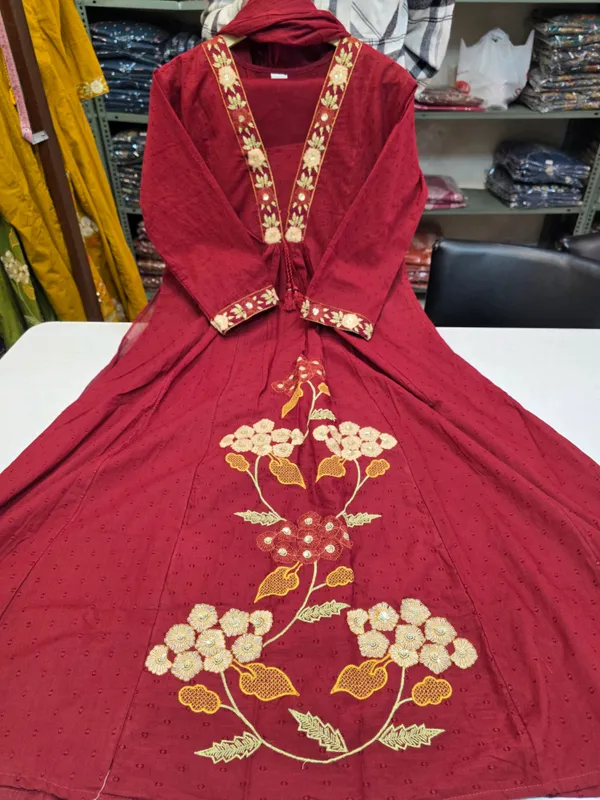 A_Line_Kurta_Suit_Maroon_Embroidered_Floral_Motif