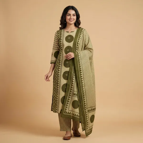 Kurta_Set_Olive_Green_Printed_With_Dupatta