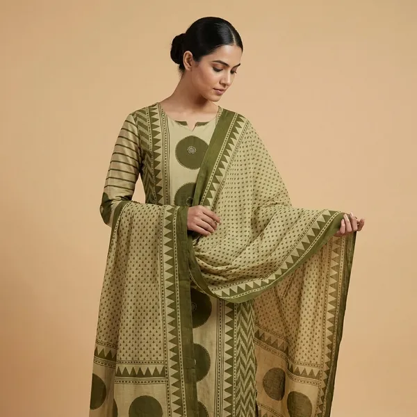 Kurta_Set_Olive_Green_Printed_With_Dupatta